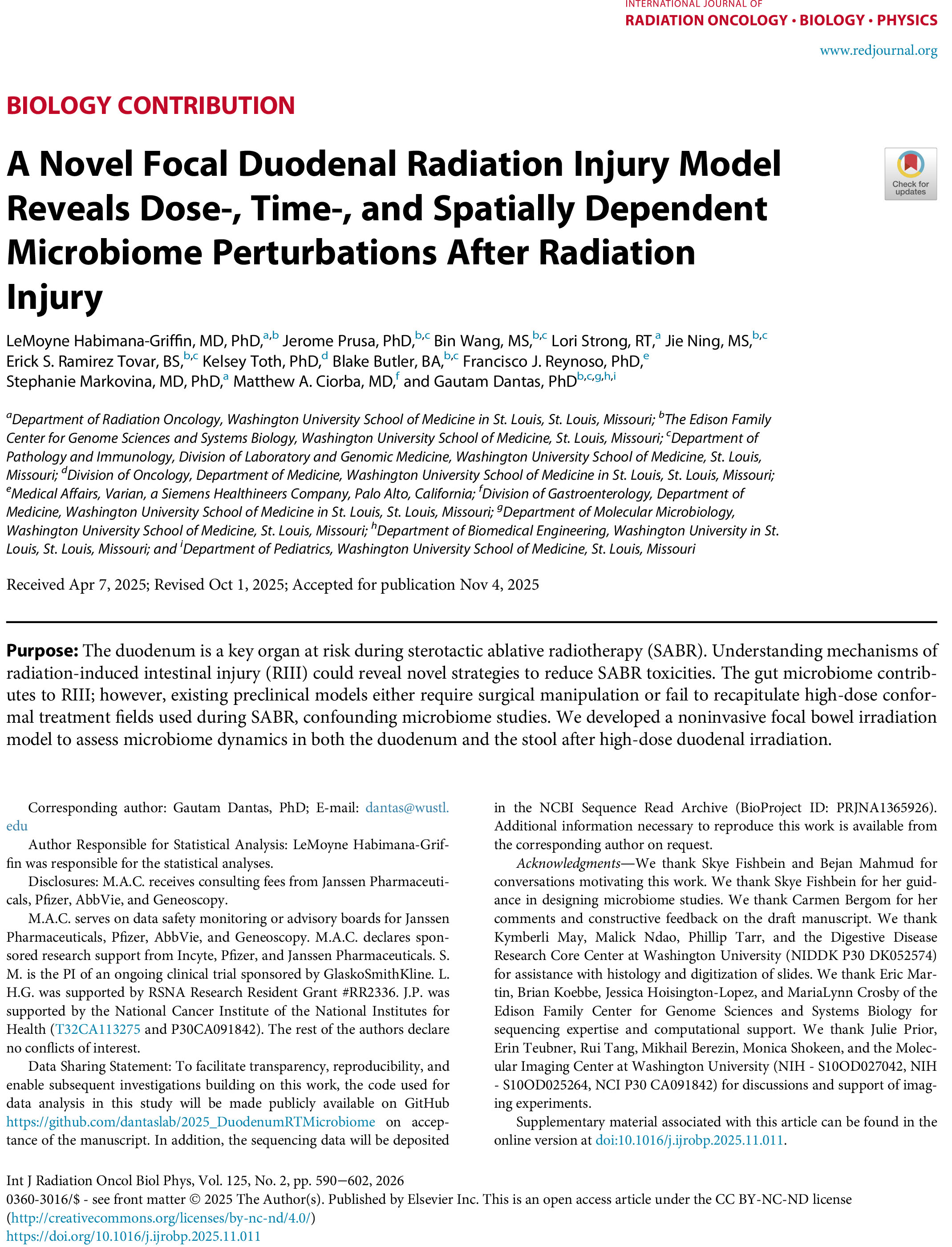 A Novel Focal Duodenal Radiation Injury Model Reveals Dose-, Time-, and Spatially Dependent Microbiome Perturbations After Radiation Injury