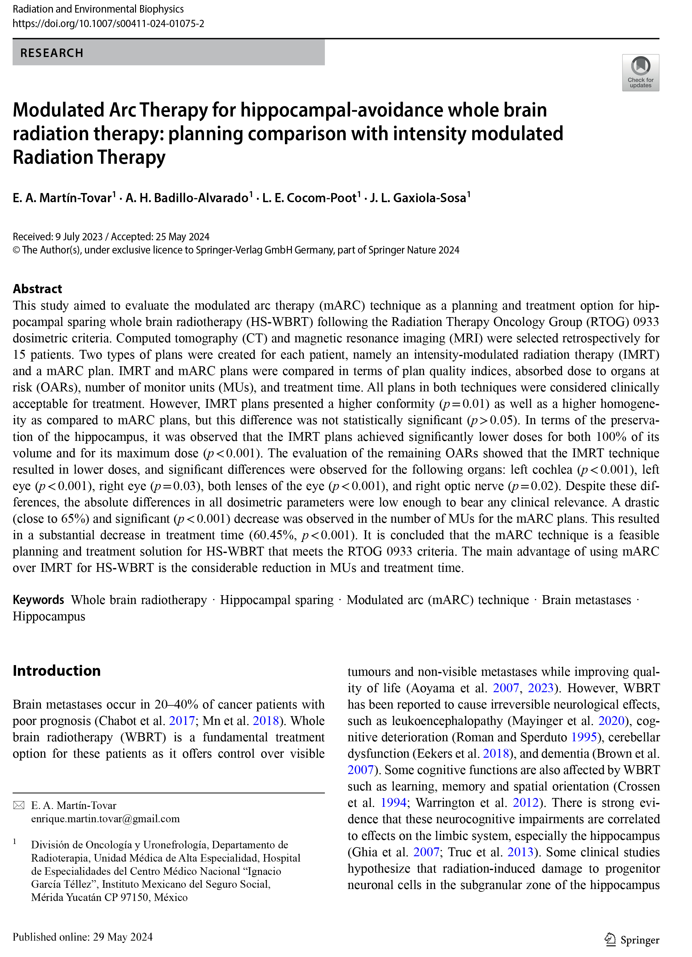 Modulated Arc Therapy for hippocampal-avoidance whole brain radiation therapy: planning comparison with intensity modulated Radiation Therapy
