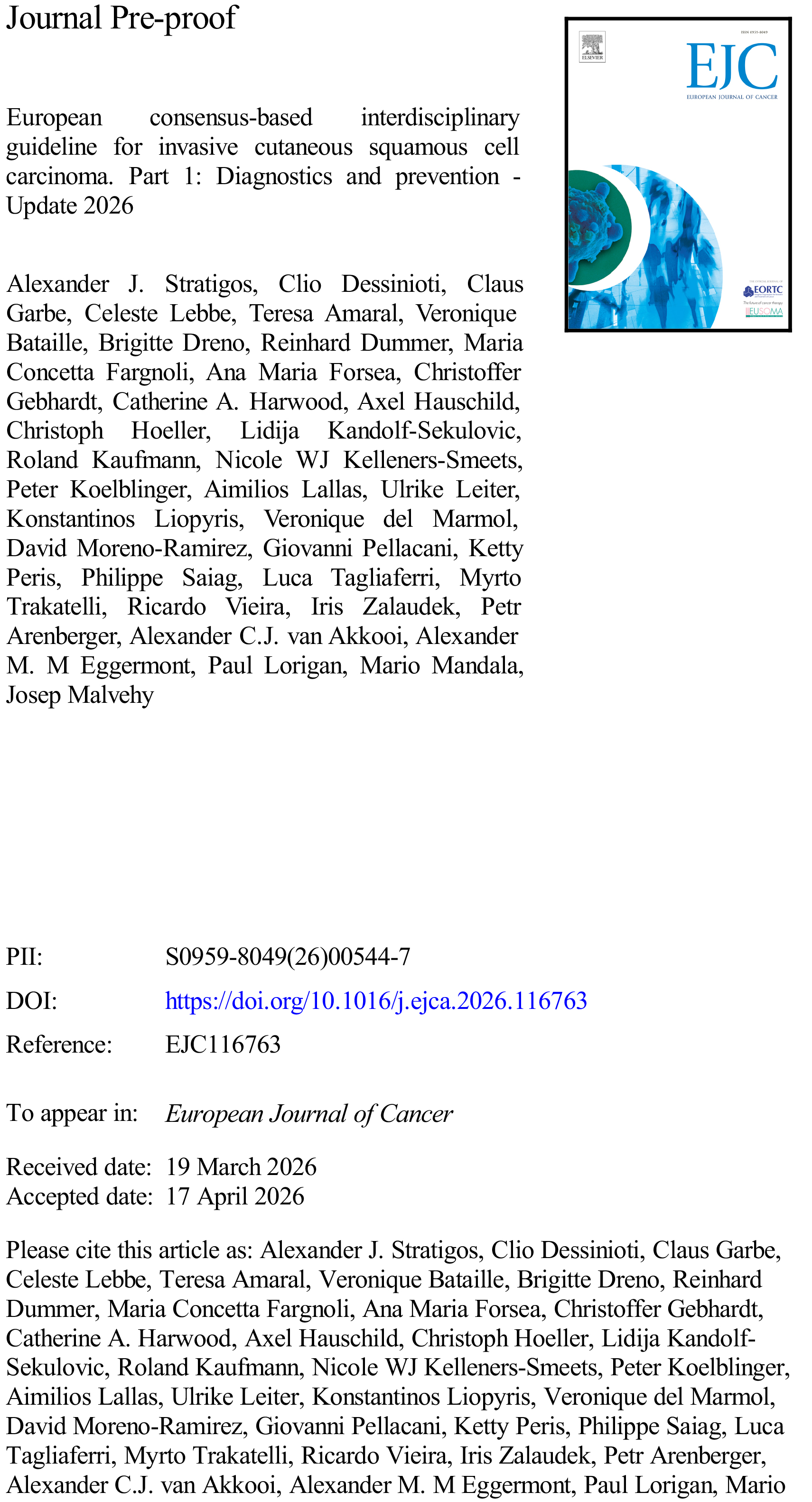 Journal Pre-proof European consensus-based interdisciplinary guideline for invasive cutaneous squamous cell carcinoma. Part 1: Diagnostics and prevention - Update 2026