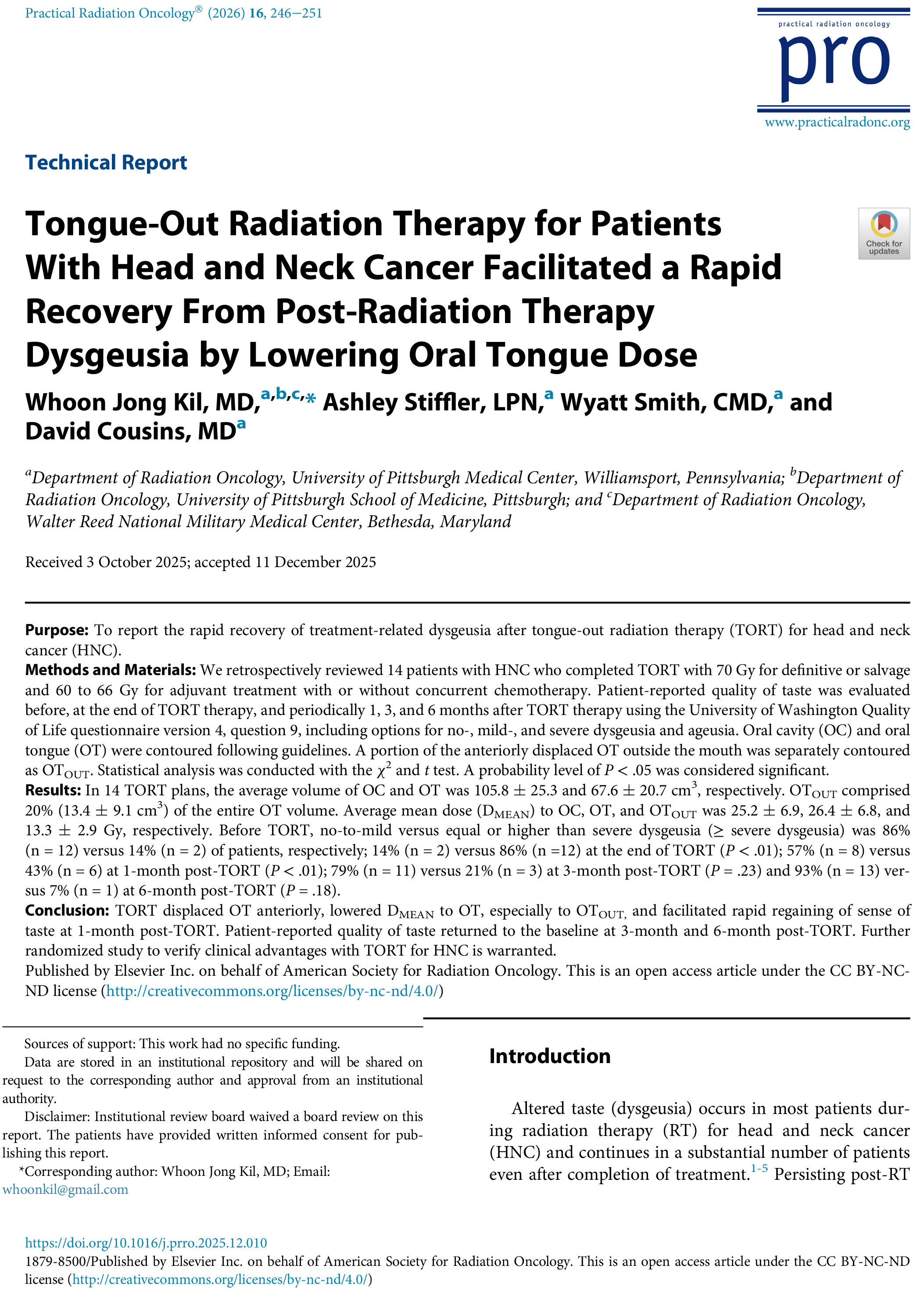 Tongue-Out Radiation Therapy for Patients With Head and Neck Cancer Facilitated a Rapid Recovery From Post-Radiation Therapy Dysgeusia by Lowering Oral Tongue Dose