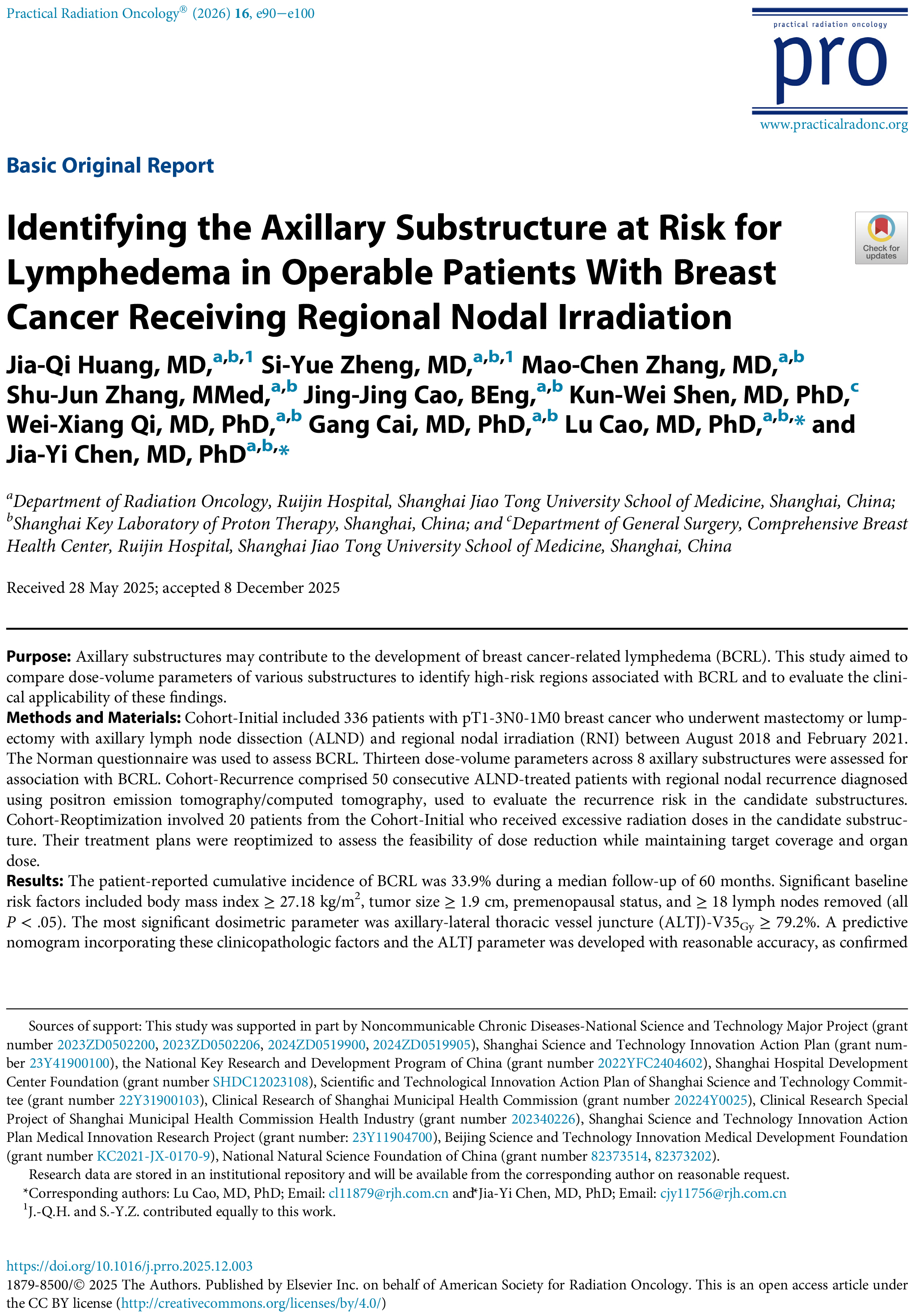 Identifying the Axillary Substructure at Risk for Lymphede main Operable Patients With Breast Cancer Receiving Regional Nodal Irradiation.