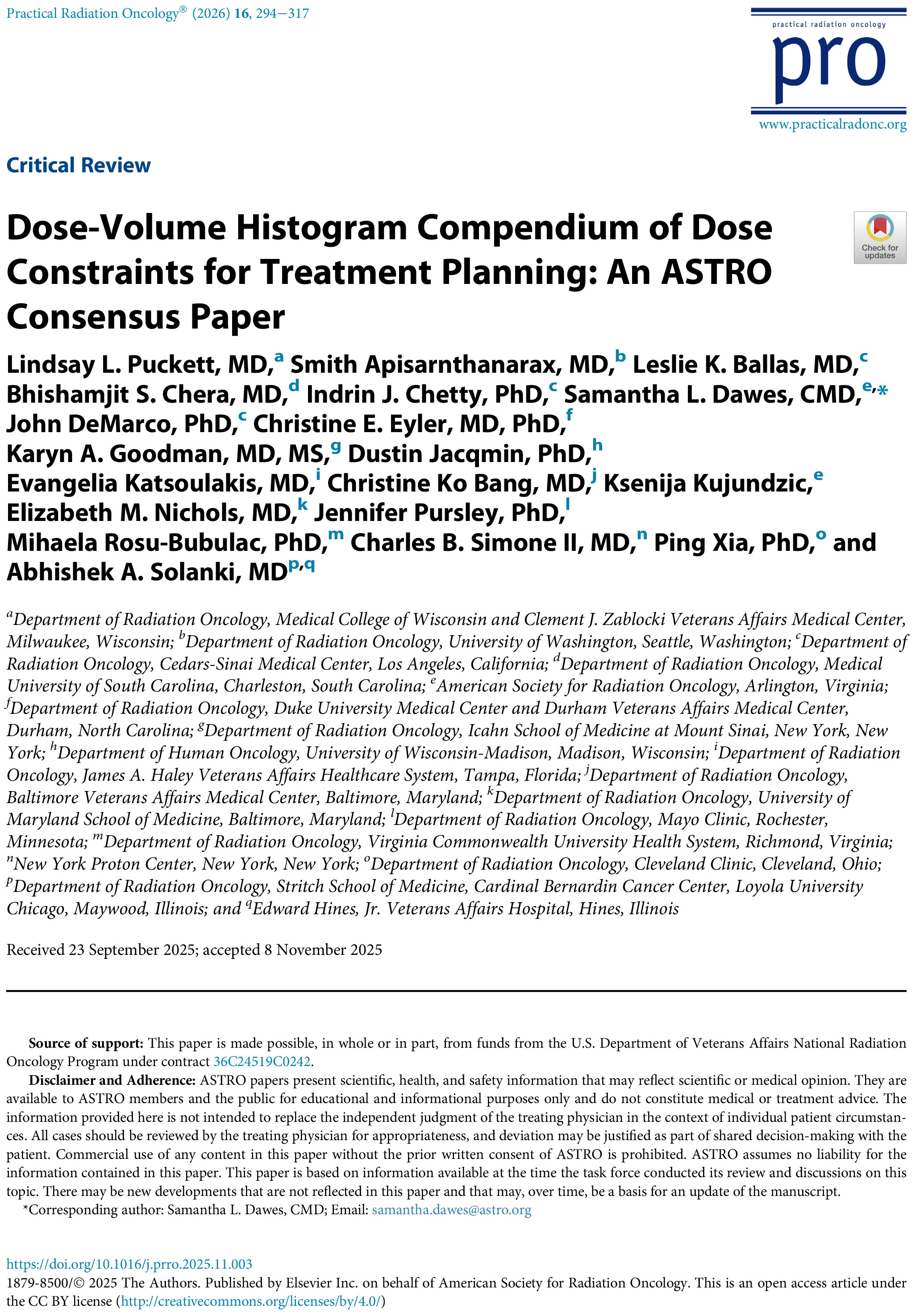 Dose-Volume Histogram Compendium of Dose Constraints for Treatment Planning: An ASTRO Consensus Paper