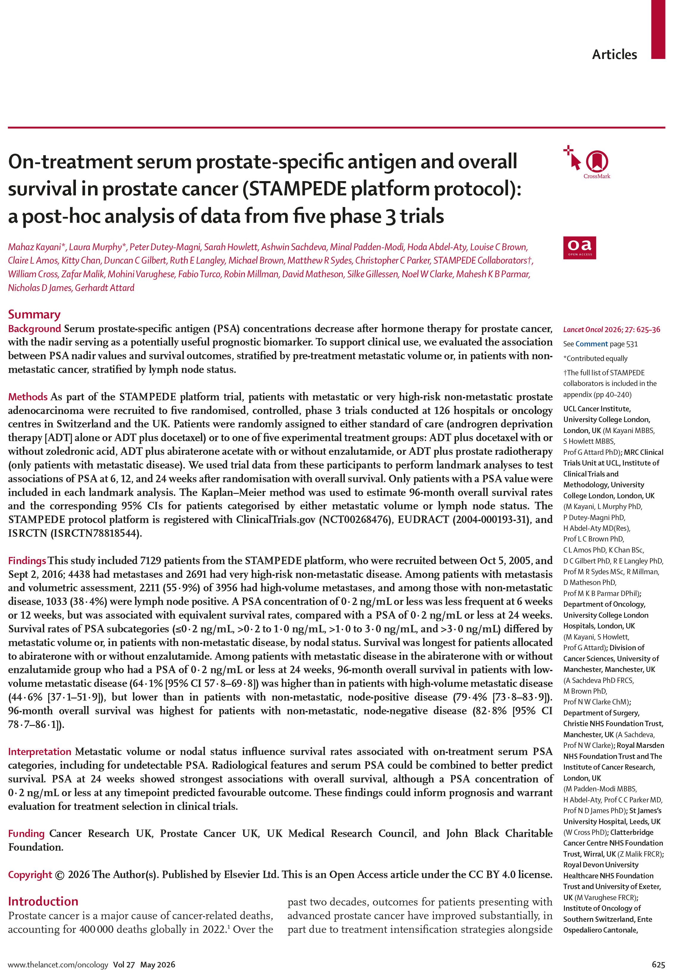 On-treatment serum prostate-specific antigen and overall survival in prostate cancer (STAMPEDE platform protocol): a post-hoc analysis of data from five phase 3 trials