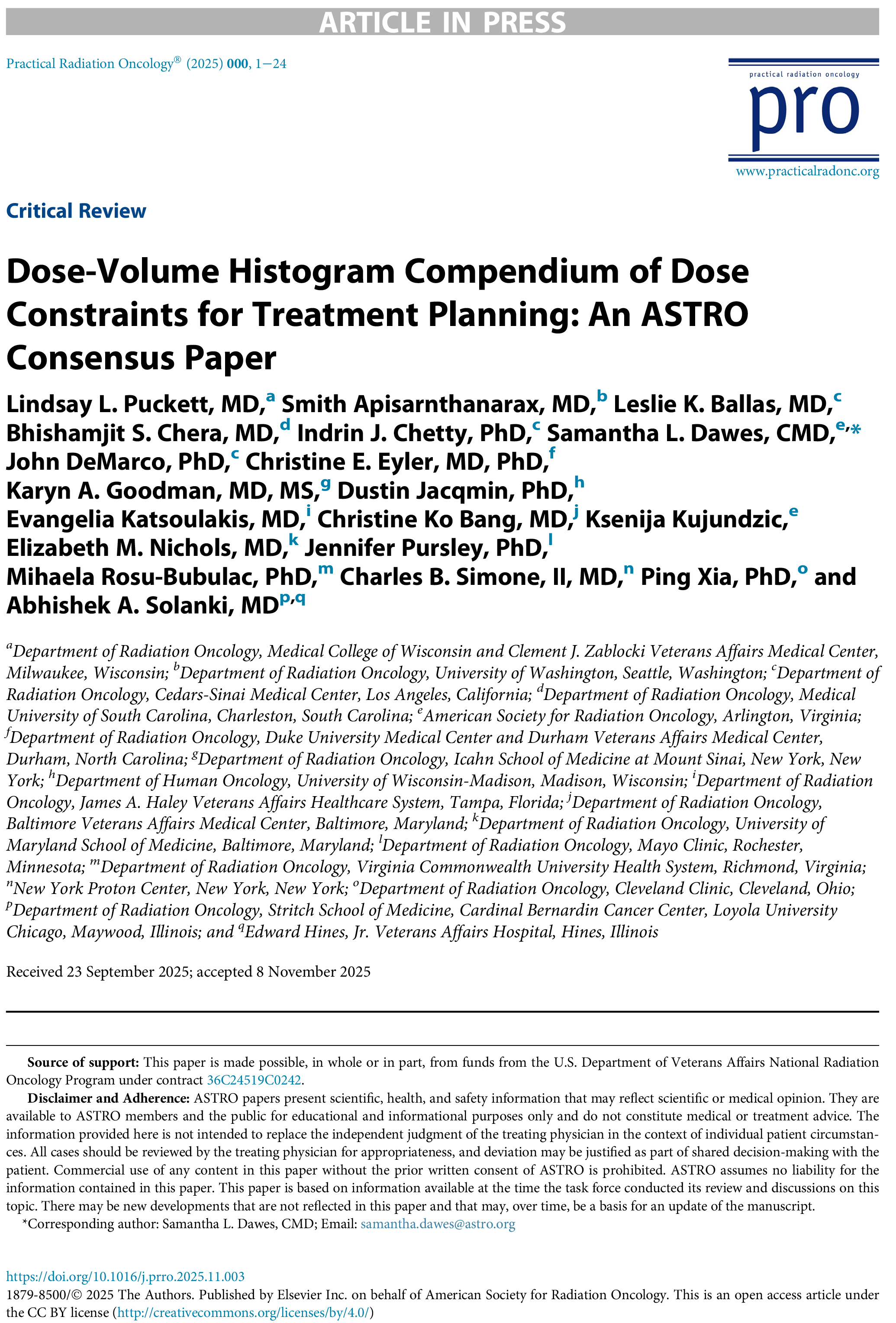 Dose-VolumeHistogramCompendiumofDoseConstraintsforTreatmentPlanning:AnASTROConsensusPaper