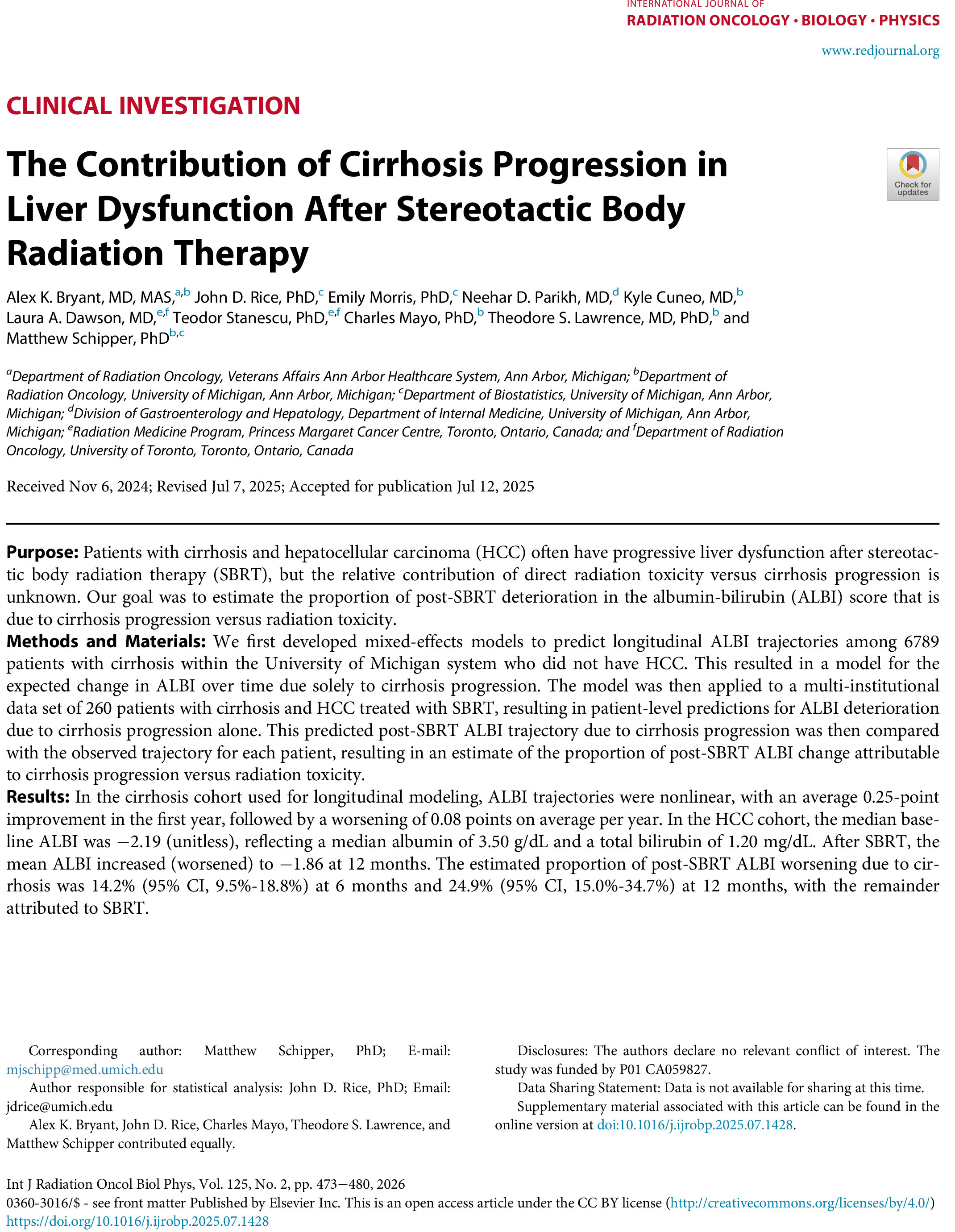 The Contribution of Cirrhosis Progression in Liver Dysfunction After Stereotactic Body Radiation Therapy