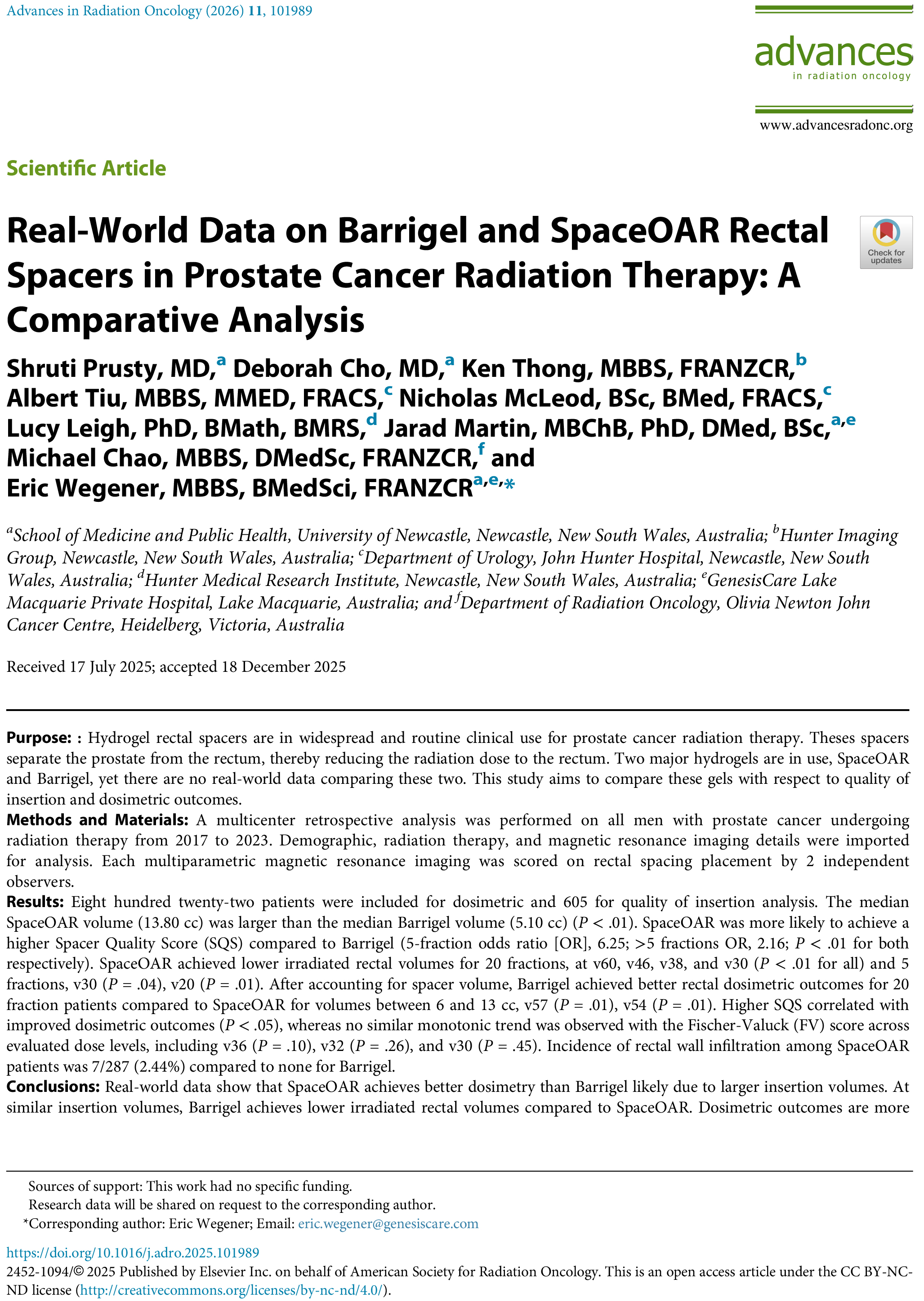 Real-WorldDataonBarrigelandSpaceOARRectalSpacersinProstateCancerRadiationTherapy:AComparativeAnalysis