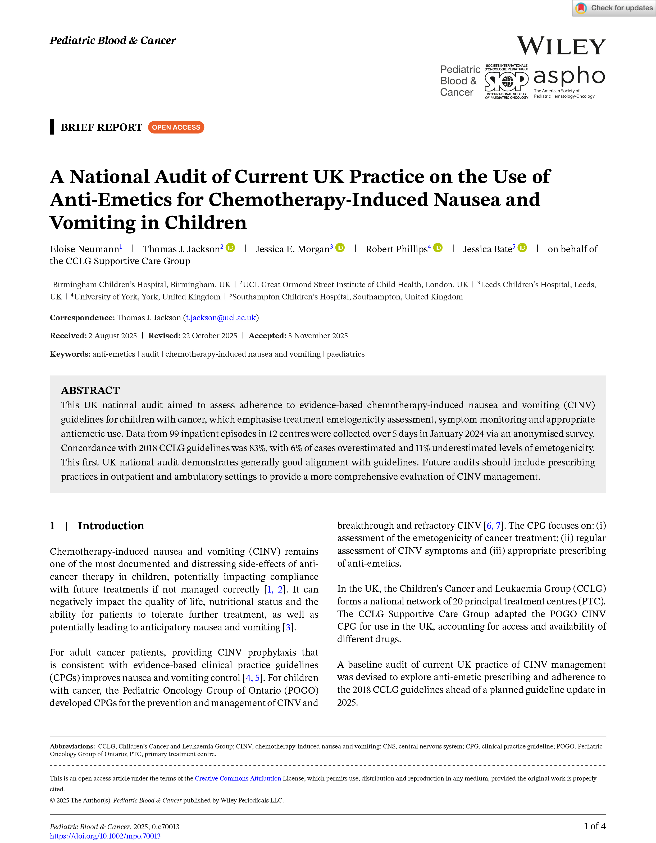 A National Audit of Current UK Practice on the Use of Anti-Emetics for Chemotherapy-Induced Nausea and Vomiting in Children.