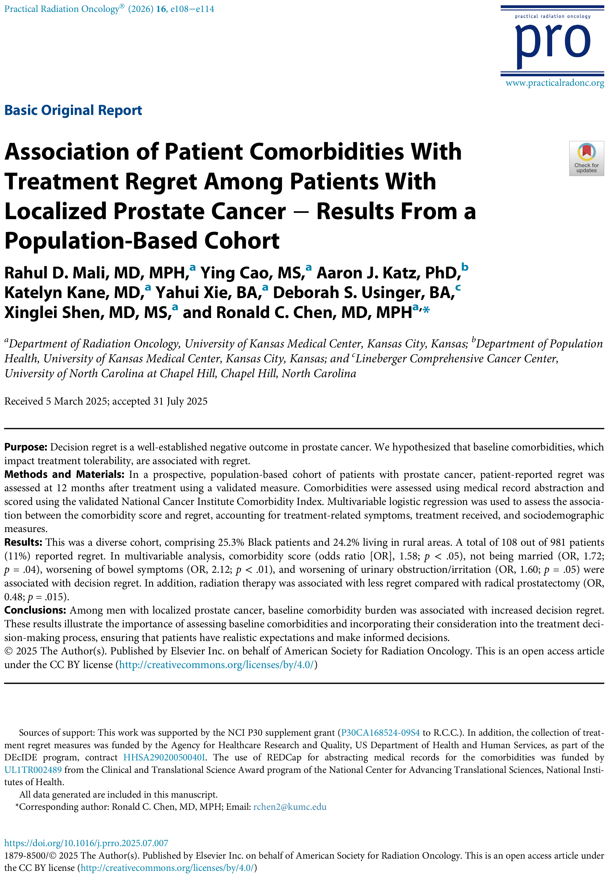 Association of Patient Comorbidities With updates Treatment Regret Among Patients With Localized Prostate Cancer — Results From a Population-Based Cohort