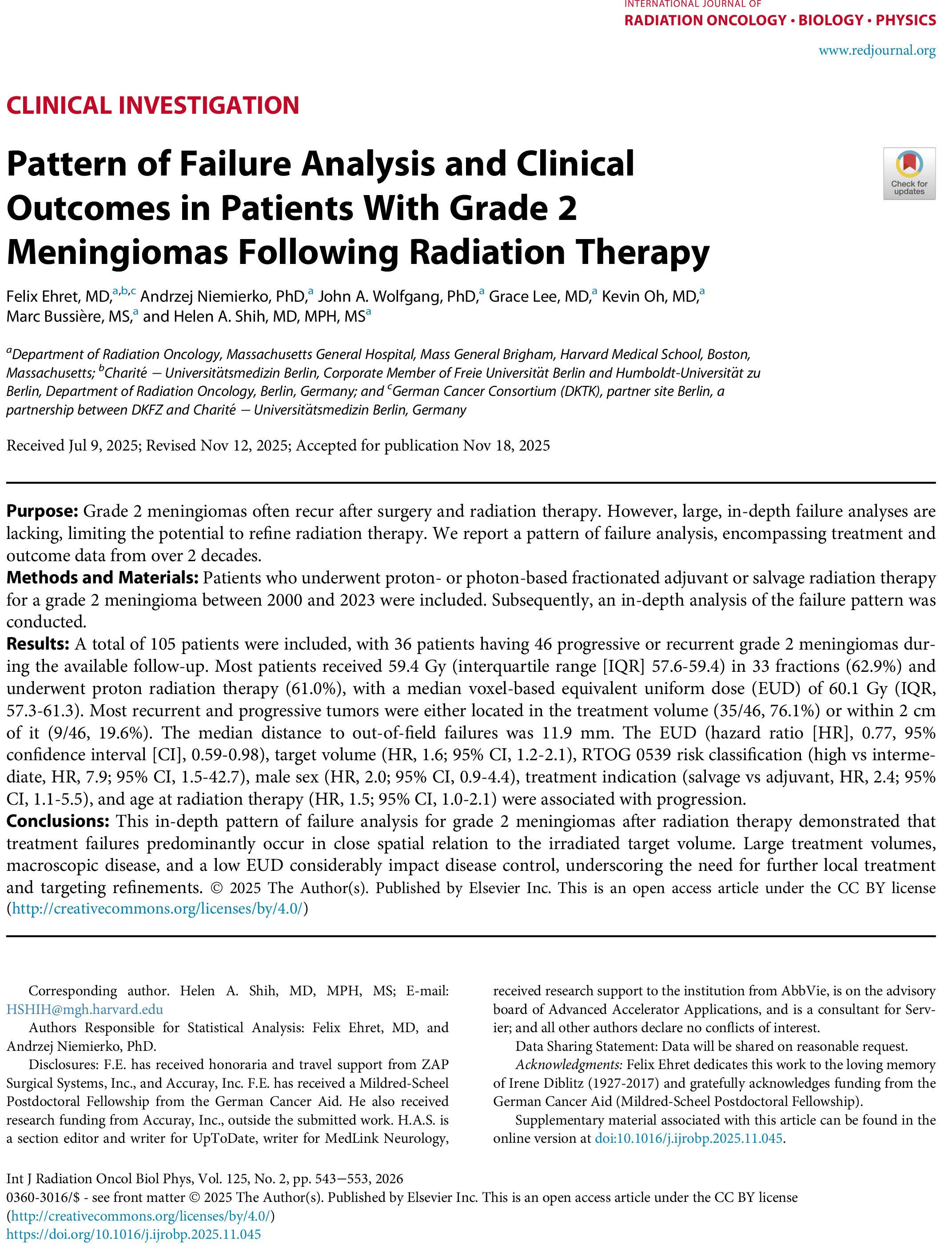 Pattern of Failure Analysis and Clinical Outcomes in Patients With Grade 2 Meningiomas Following Radiation Therapy