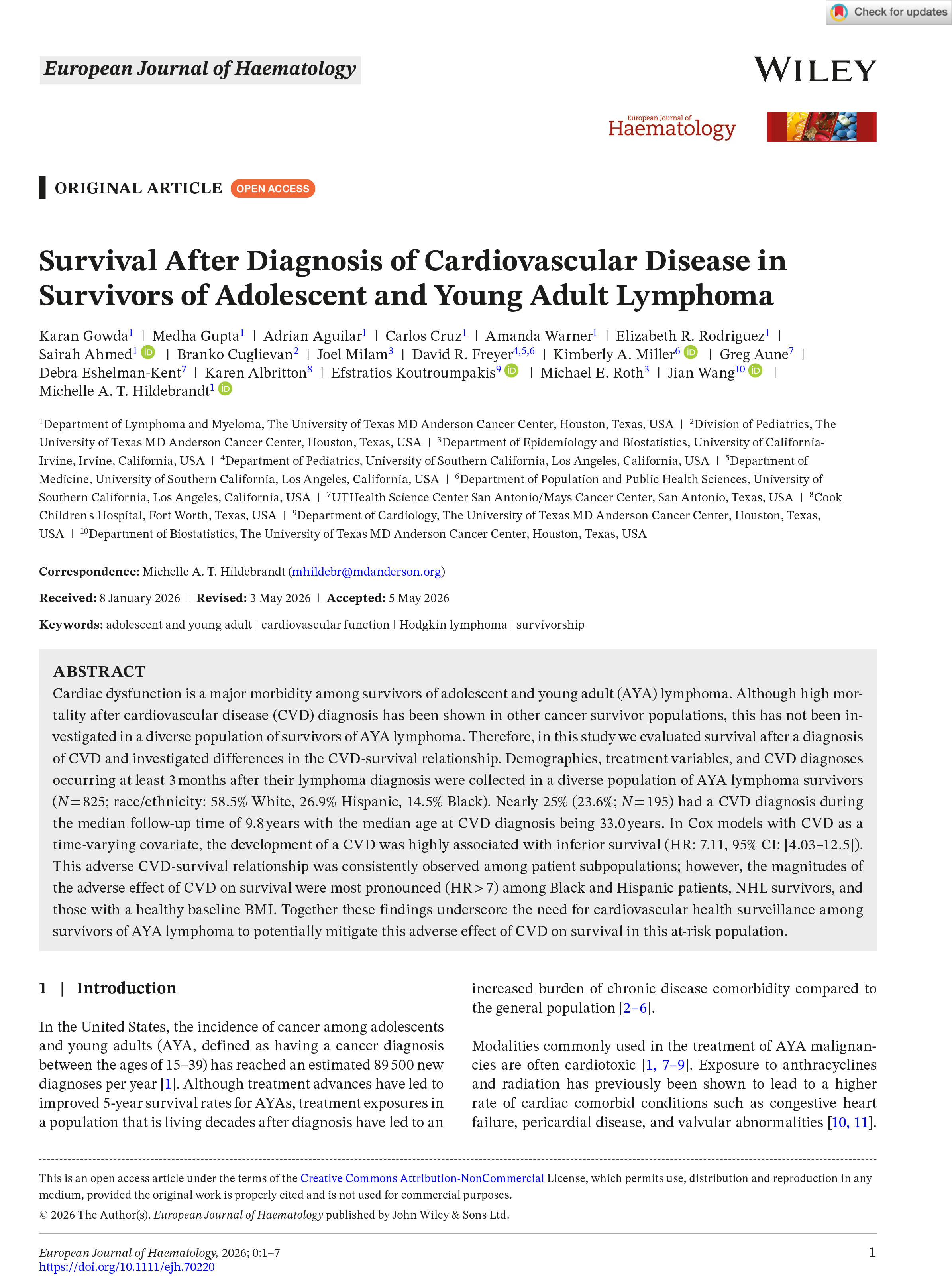 Survival After Diagnosis of Cardiovascular Disease in Survivors of Adolescent and Young Adult Lymphoma