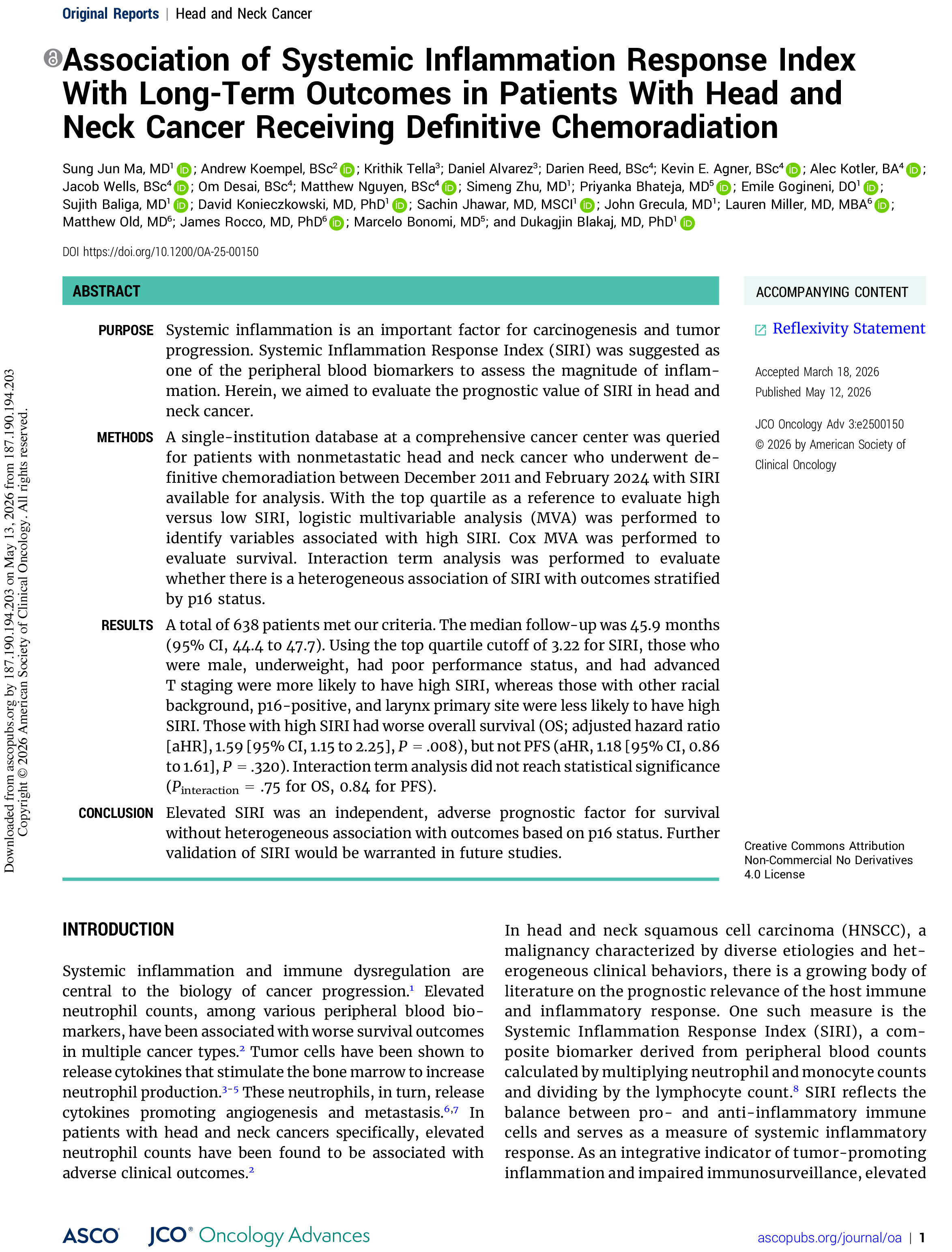 Association of Systemic Inflammation Response Index With Long-Term Outcomes in Patients With Head and Neck Cancer Receiving Definitive Chemoradiation