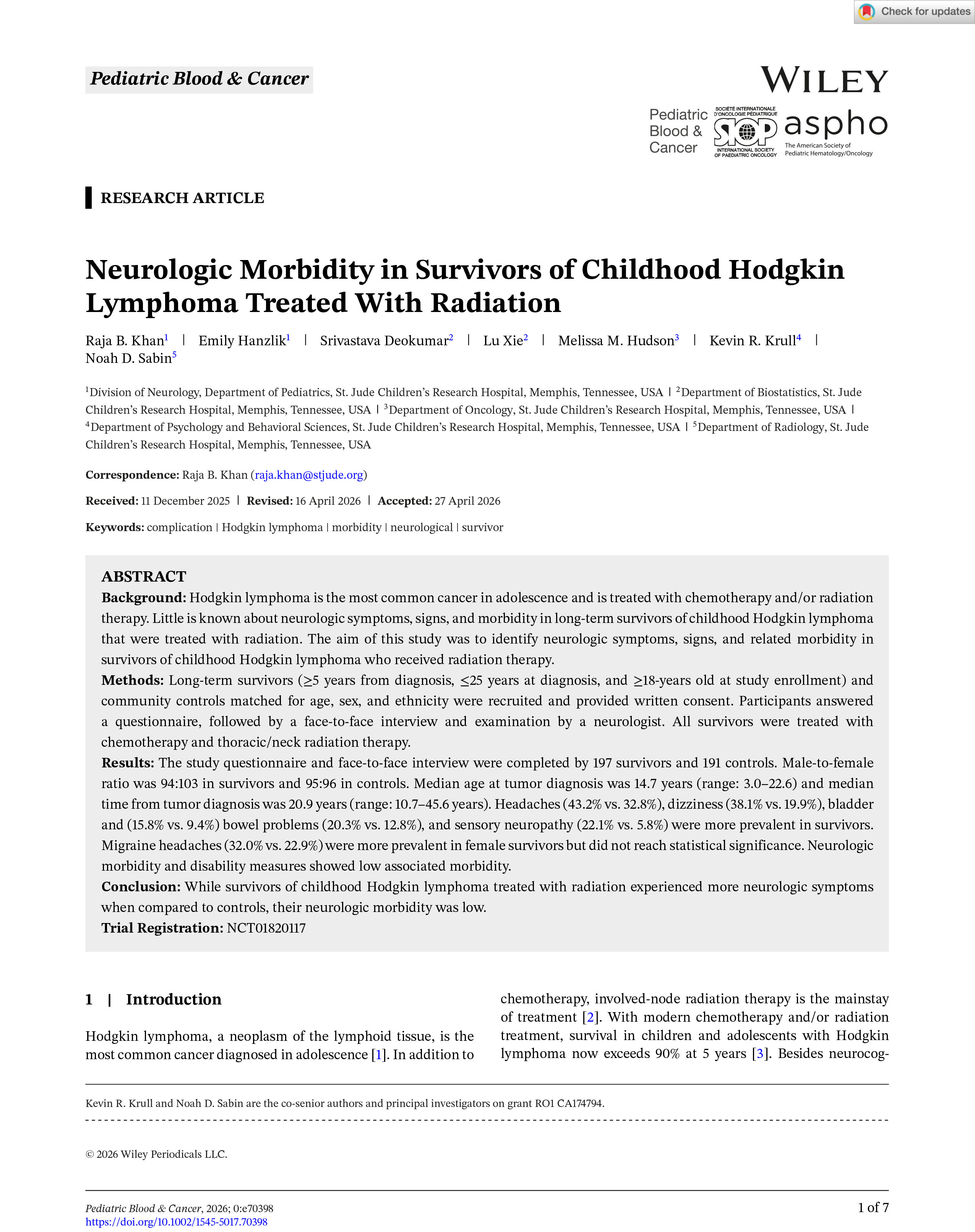 Neurologic Morbidity in Survivors of Childhood Hodgkin Lymphoma Treated With Radiation