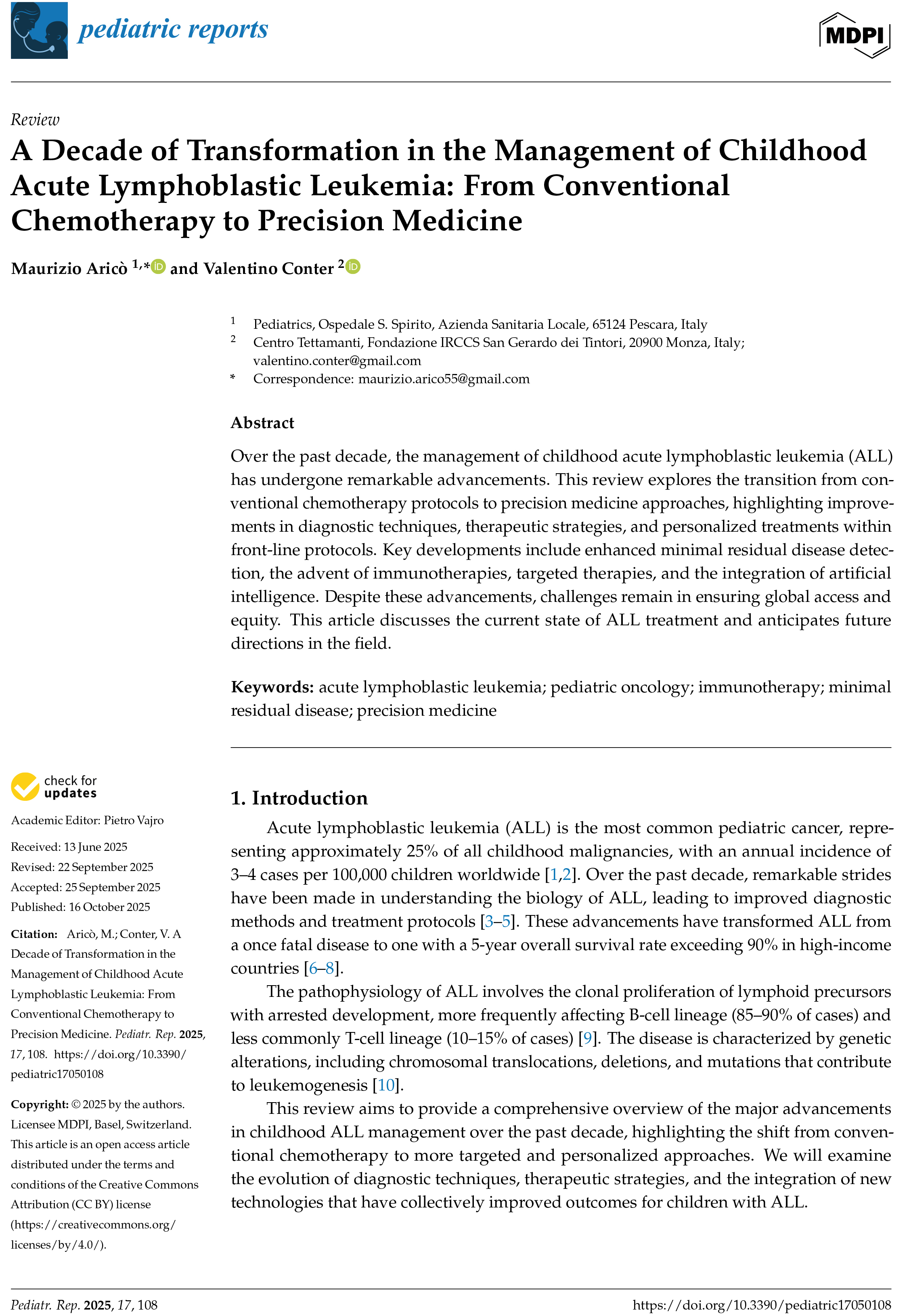 A Decade of Transformation in the Management of Childhood Acute Lymphoblastic Leukemia: From Conventional Chemotherapy to Precision Medicine.