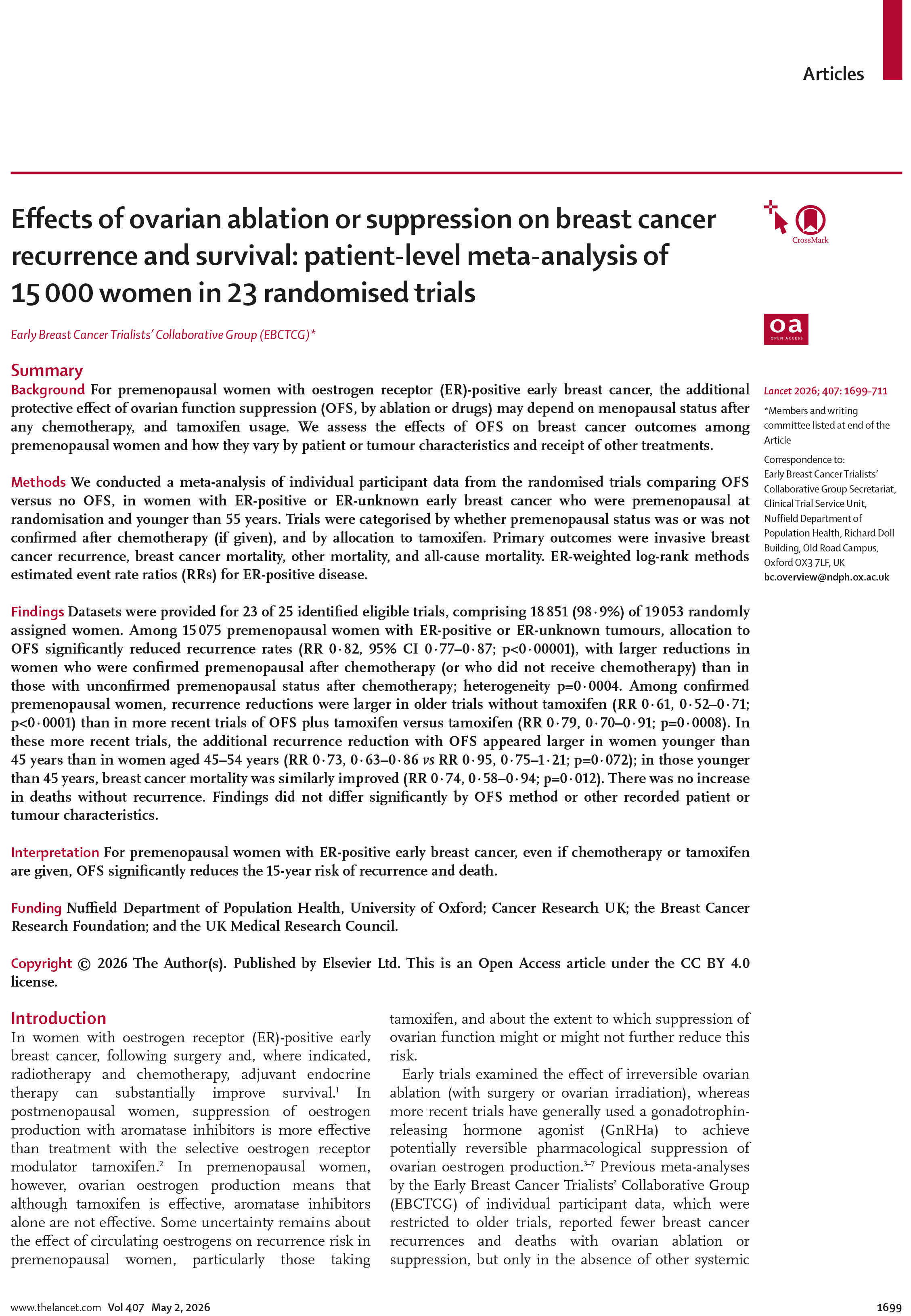 Effects of ovarian ablation or suppression on breast cancer recurrence and survival: patient-level meta-analysis of 15000 women in 23 randomised trials