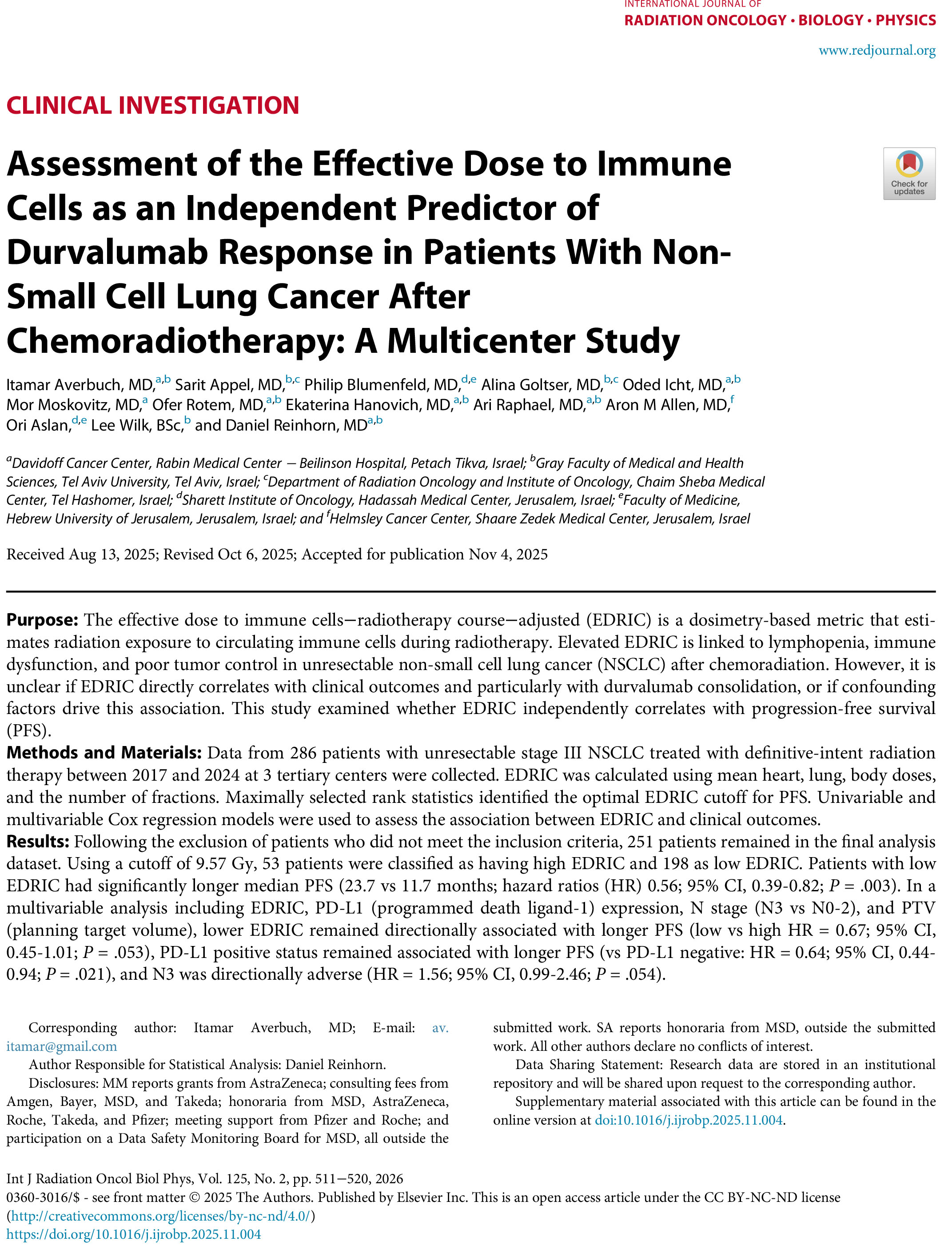 Assessment of the Effective Dose to Immune Cells as an Independent Predictor of Durvalumab Response in Patients With NonSmall Cell Lung Cancer After Chemoradiotherapy: A Multicenter Study