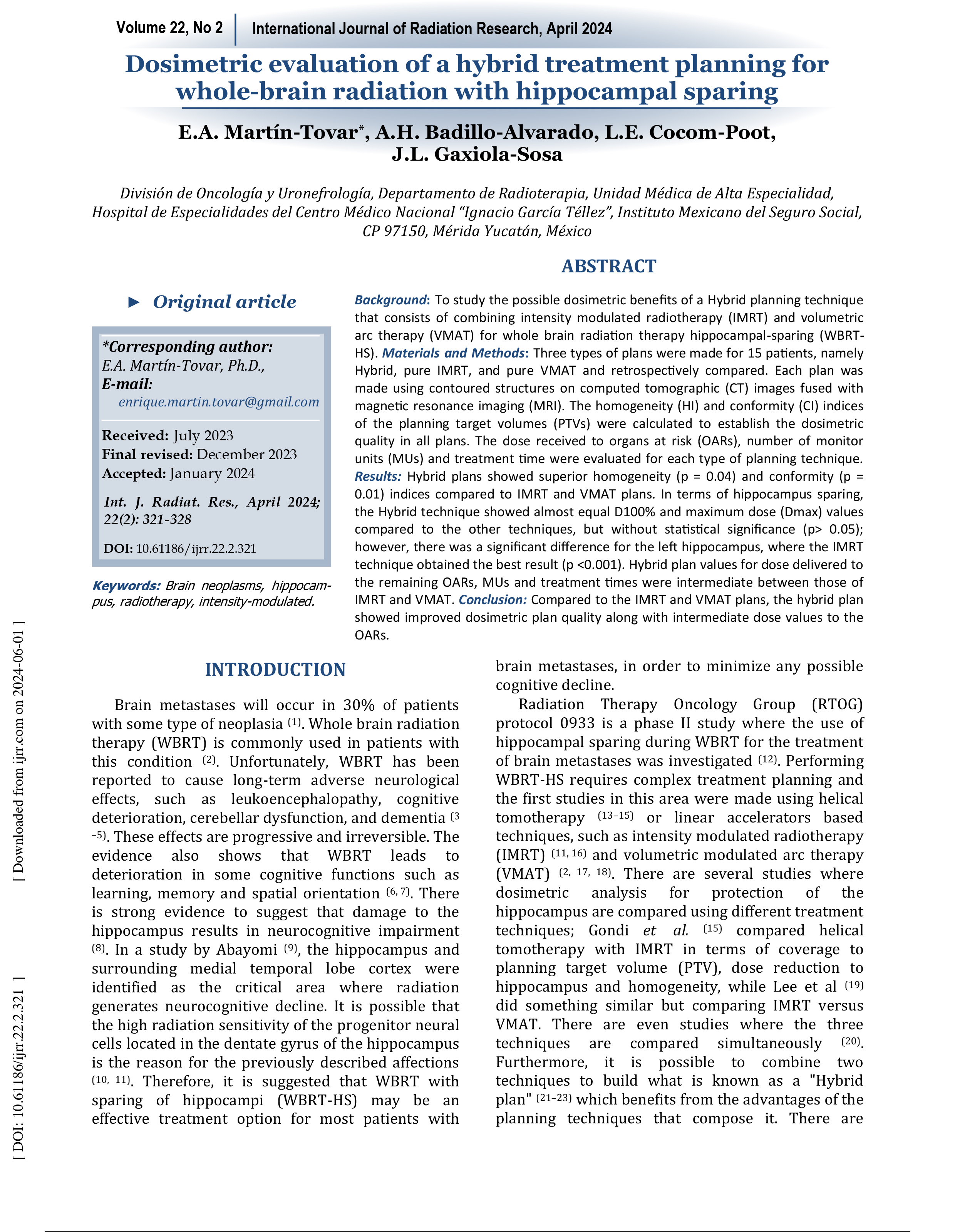 "Dosimetric evaluation of a hybrid treatment planning for whole-brain radiation with hippocampal sparing"  International Journal of Radiation Research (2024): 22(2): 321-328