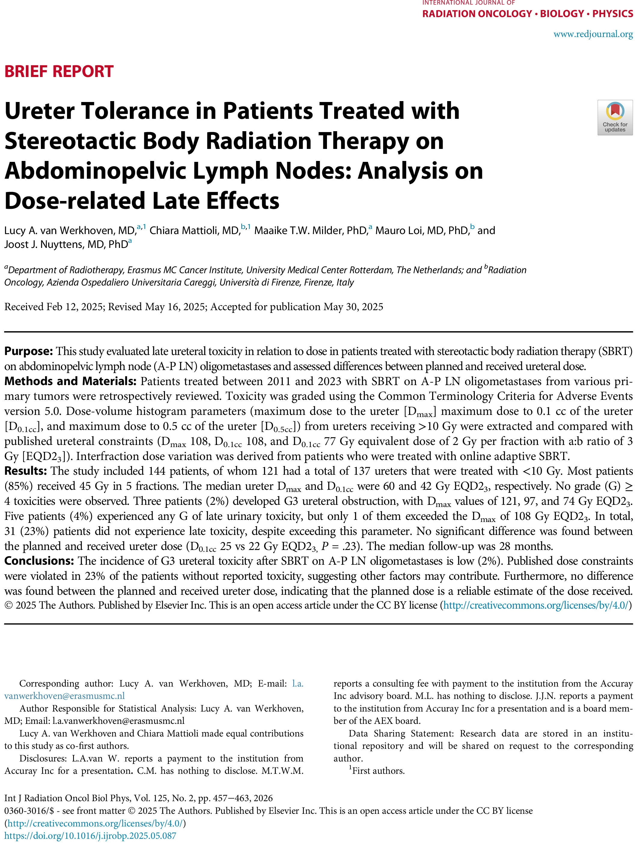Ureter Tolerance in Patients Treated with Stereotactic Body Radiation Therapy on Abdominopelvic Lymph Nodes: Analysis on Dose-related Late Effects