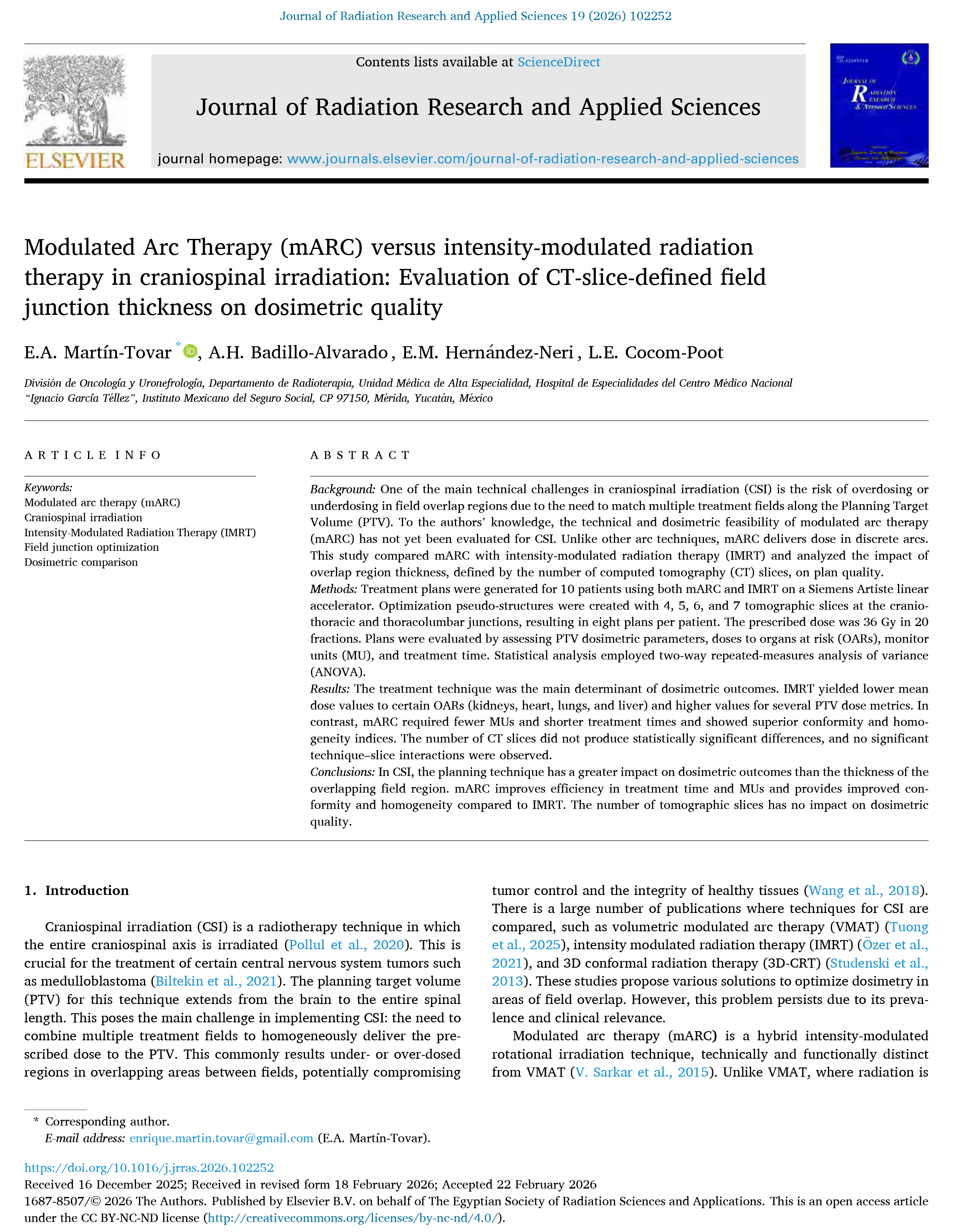 Modulated Arc Therapy (mARC) versus intensity-modulated radiation therapy in craniospinal irradiation: Evaluation of CT-slice-defined field junction thickness on dosimetric quality.