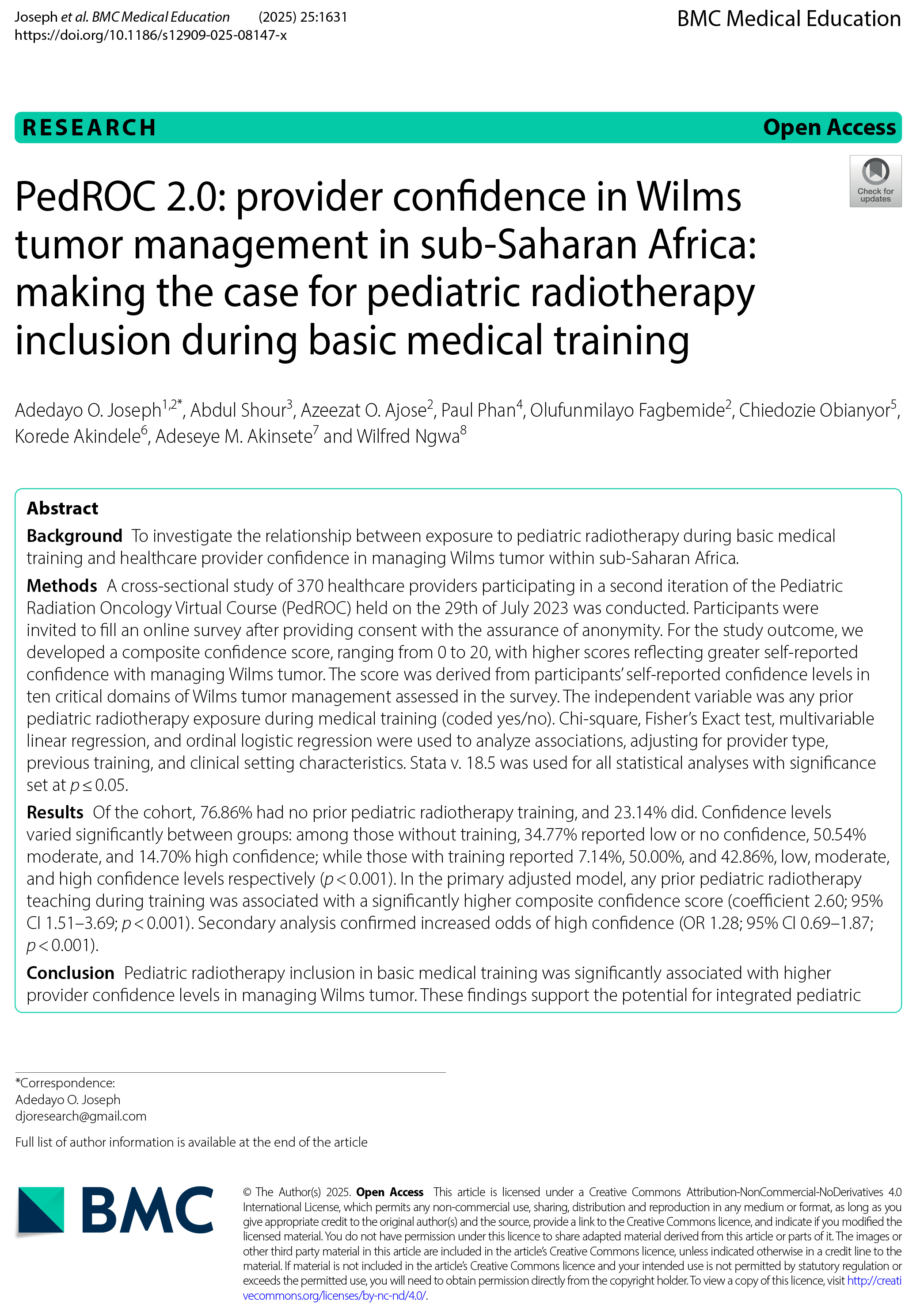 PedROC 2.0: provider confidence in Wilms tumor management in sub-Saharan Africa: making the case for pediatric radiotherapy inclusion during basic medical training.