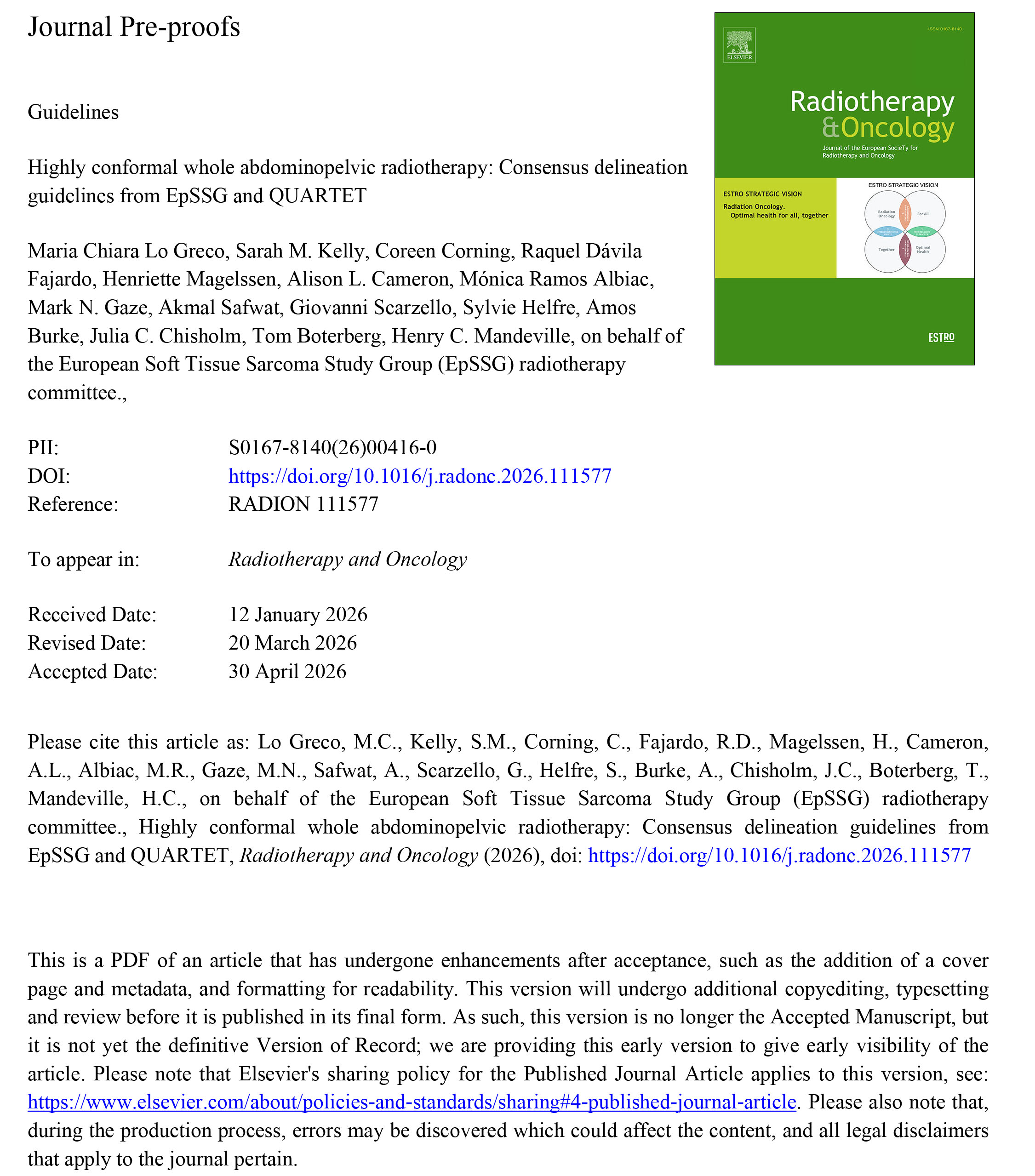 Highly conformal whole abdominopelvic radiotherapy: Consensus delineation guidelines from EpSSG and QUARTET