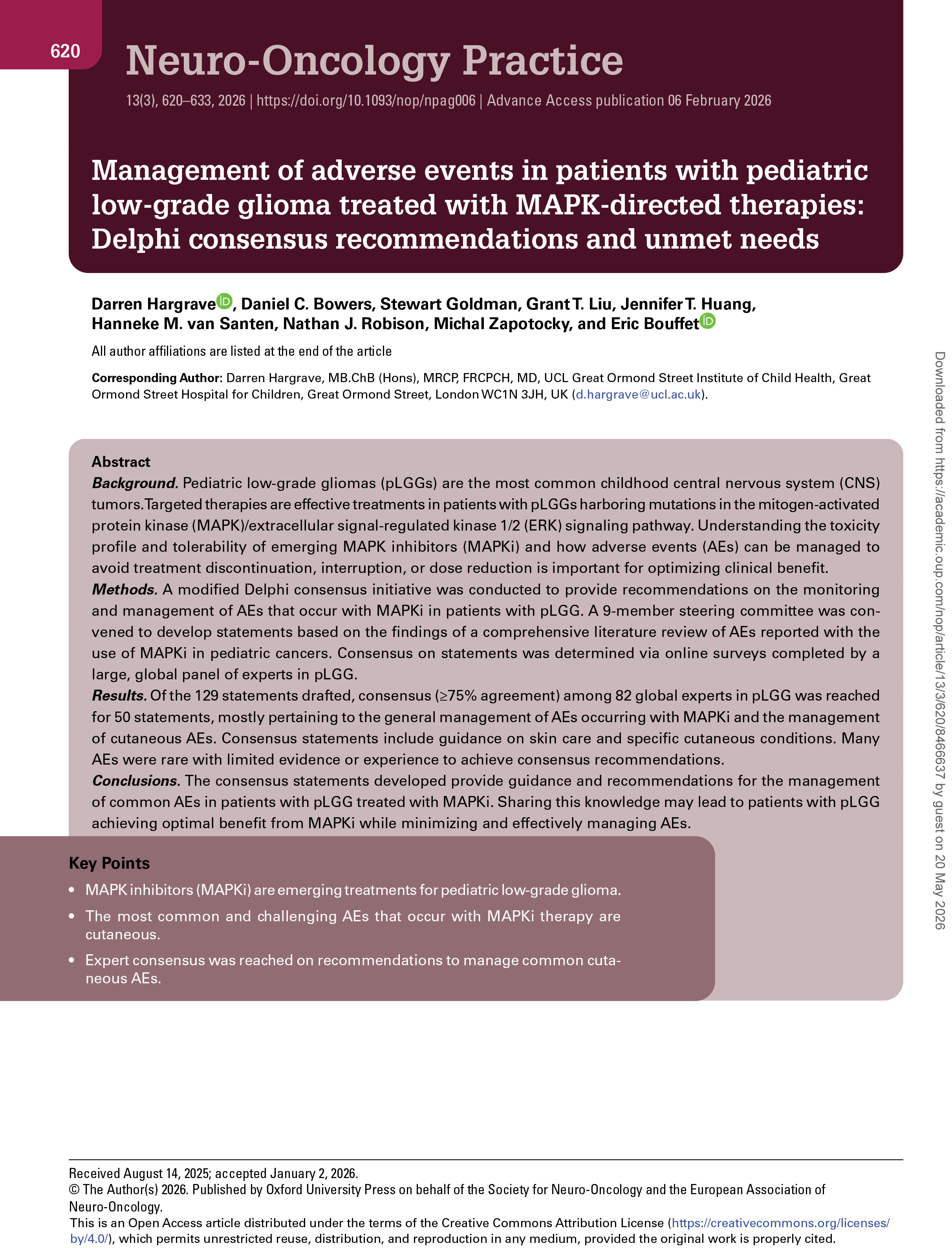 Management of adverse events in patients with pediatric low-grade glioma treated with MAPK-directed therapies: Delphi consensus recommendations and unmet needs