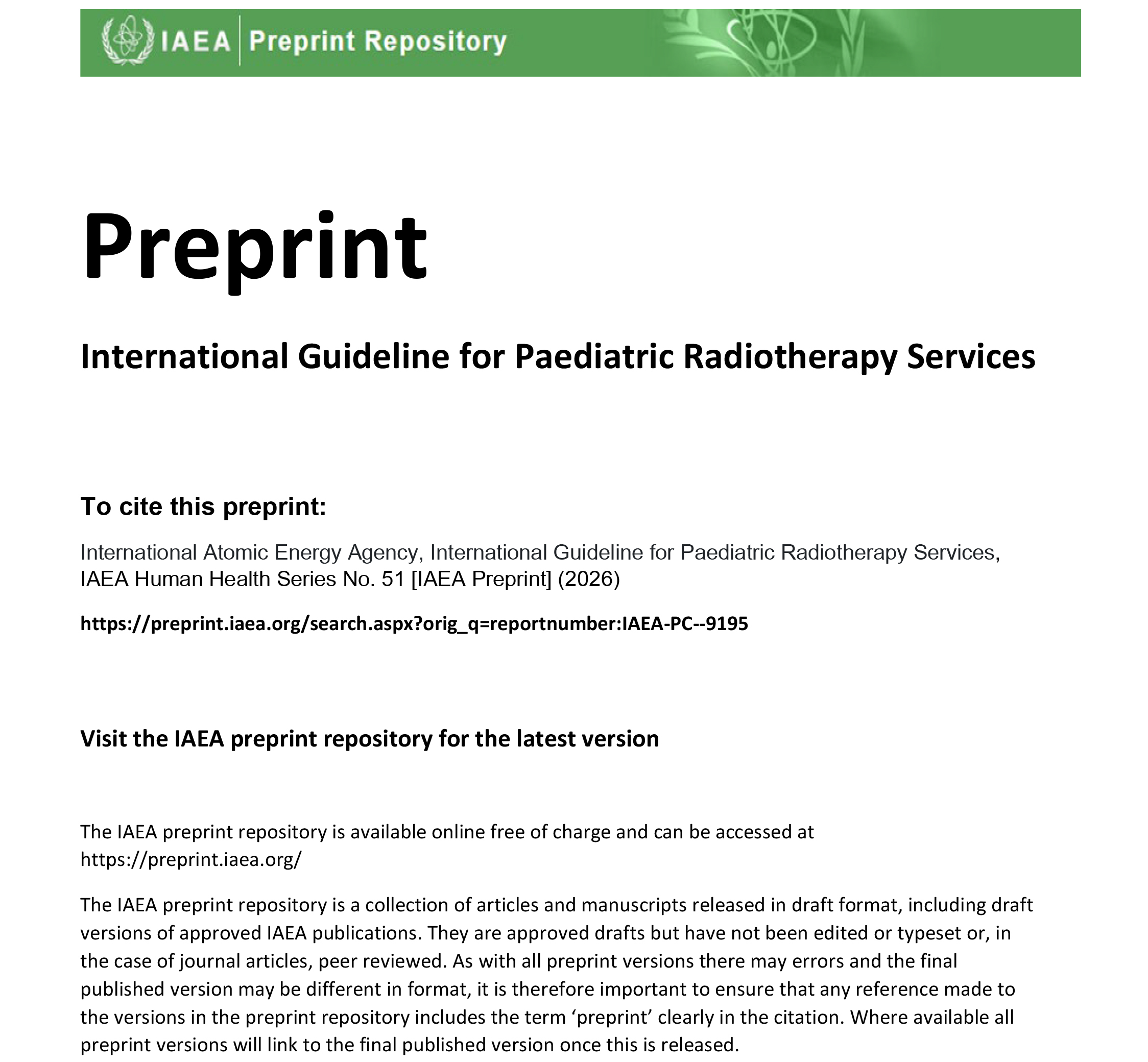 International Guideline for Paediatric Radiotherapy Services
