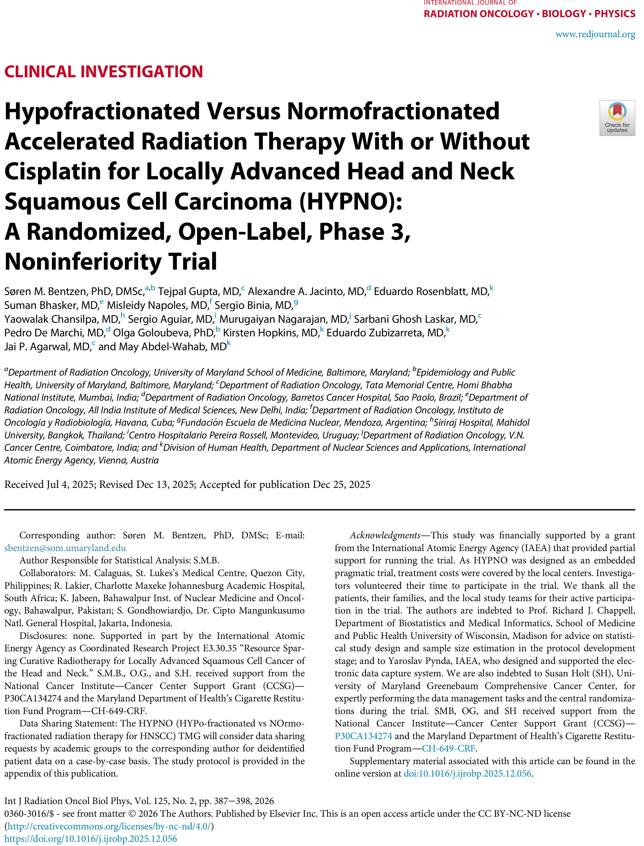 Hypofractionated Versus Normofractionated Accelerated Radiation Therapy With or Without Cisplatin for Locally Advanced Head and Neck Squamous Cell Carcinoma (HYPNO)