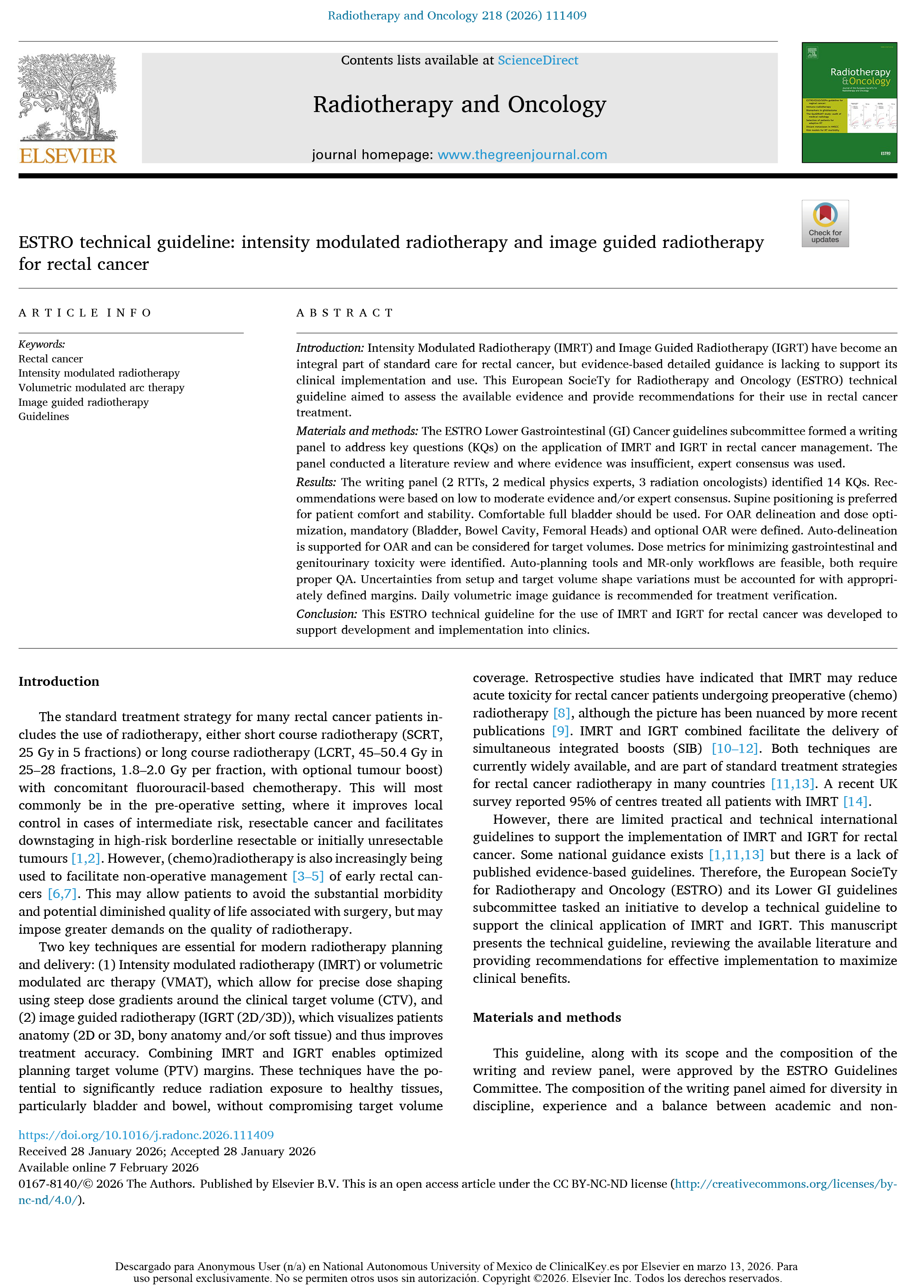 ESTRO technical guideline: intensity modulated radiotherapy and image guided radiotherapy for rectal cancer