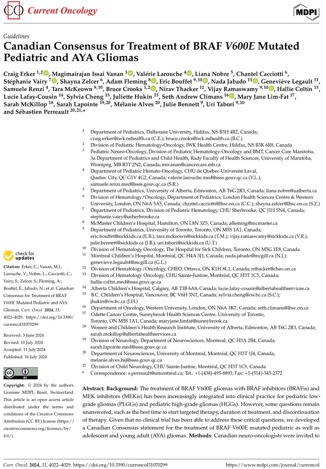 Canadian Consensus for Treatment of BRAF V600E Mutated Pediatric and AYA Gliomas